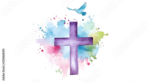 Colorful watercolor illustration of Christian cross with dove of peace isolated on isolated background. Purple cross with blue, pink, green splashes. Dove soars above in lighter blue. Vibrant, bold, photo