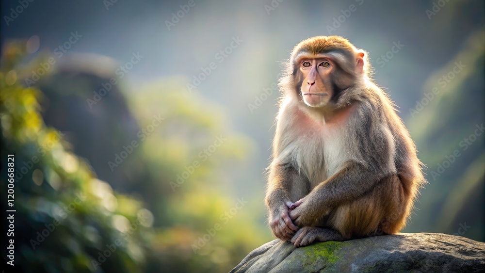 Minimalist Tibetan Macaque Sitting on Stone in Serene Natural Environment, Capturing Tranquility and Wildlife Beauty in a Simple Composition Minimalist Tibetan Macaque Sitting on Stone in Serene Natural Environment, Capturing Tranquility and Wildlife Beauty in a Simple Composition