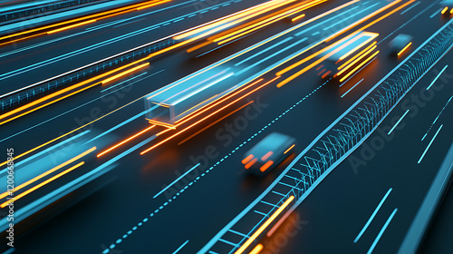 Abstract tech illustration of speed motion on road. Fast moving vehicles on highway. Dynamic tech concept. Future transportation. Vivid colors. Forward direction. Fast moving objects. Road markings. photo