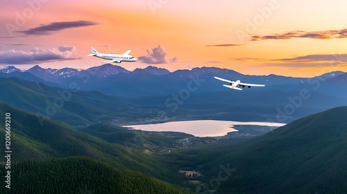 Aerial view of Lake Baikal mountainous landscape with white airplane flying over green and blue mountains. Sky transitions from orange to pink near clouds. Perfect for travel agency and tours. photo