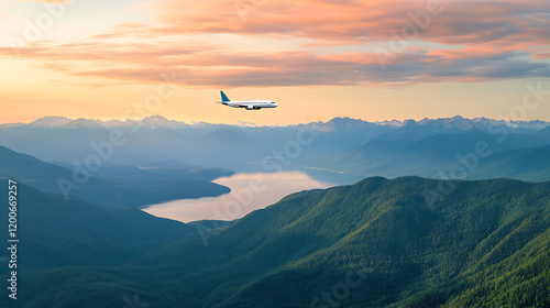 Aerial view of Lake Baikal mountainous landscape with white airplane flying over green and blue mountains. Sky transitions from orange to pink near clouds. Perfect for travel agency and tours. photo