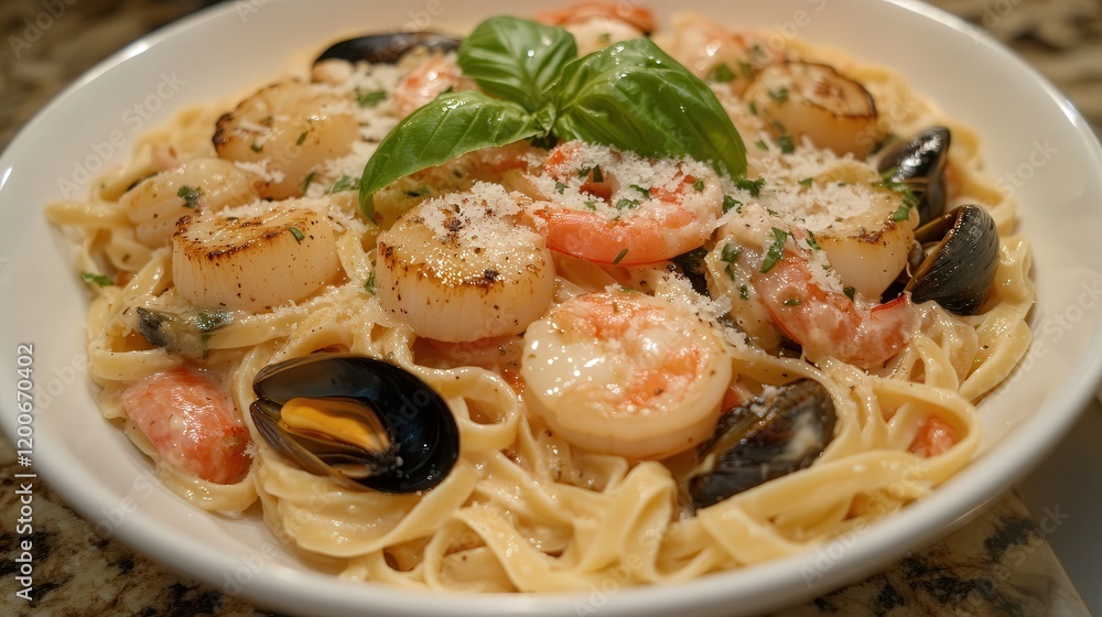 seafood linguine with scallops, shrimp, and mussels in a creamy white wine sauce, garnished with fresh basil and parmesan seafood linguine with scallops, shrimp, and mussels in a creamy white wine sauce, garnished with fresh basil and parmesan
