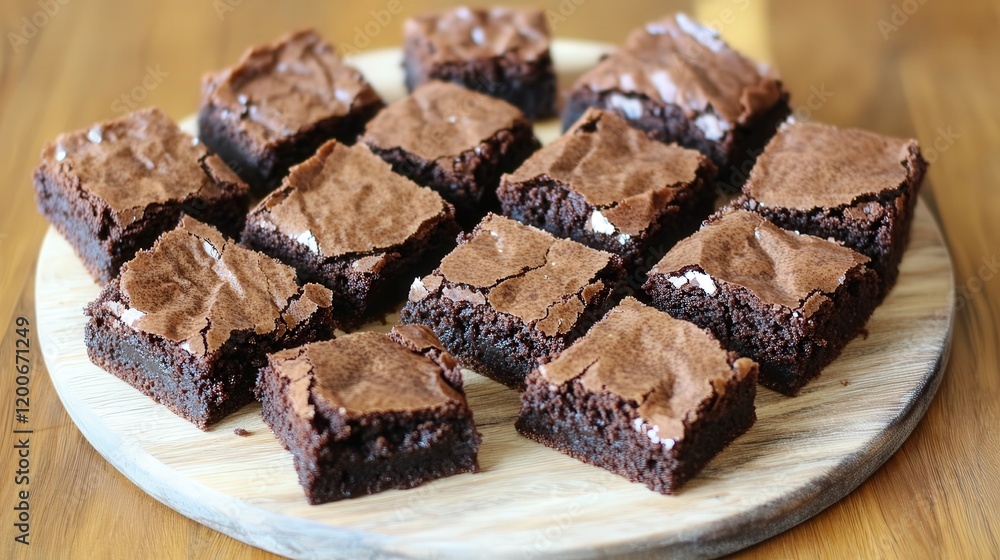 selection of warm, gooey brownies fresh out of the oven, cut into squares and placed on a wooden platter for serving selection of warm, gooey brownies fresh out of the oven, cut into squares and placed on a wooden platter for serving