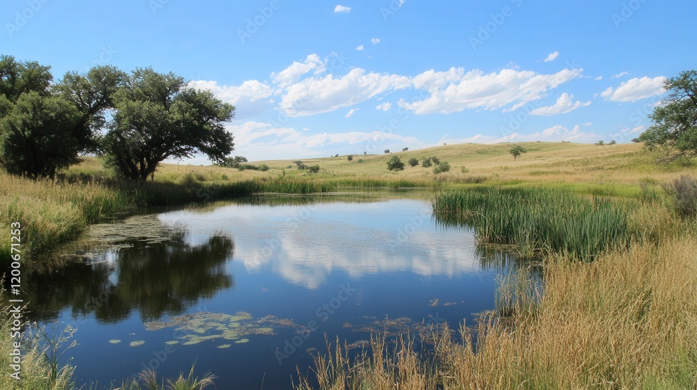 secluded pond on the prairie, surrounded by reeds and grasses, offering a quiet refuge for wildlife, with a peaceful reflection of the sky and land in the still water. secluded pond on the prairie, surrounded by reeds and grasses, offering a quiet refuge for wildlife, with a peaceful reflection of the sky and land in the still water.