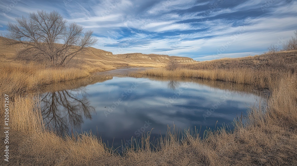 secluded pond on the prairie, surrounded by reeds and grasses, offering a quiet refuge for wildlife, with a peaceful reflection of the sky and land in the still water. secluded pond on the prairie, surrounded by reeds and grasses, offering a quiet refuge for wildlife, with a peaceful reflection of the sky and land in the still water.