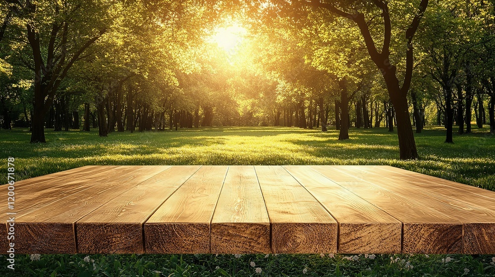 Obraz premium Sunlit Wooden Deck in Park: A warm and inviting wooden deck sits in the foreground of a vibrant green park bathed in the golden light of the setting sun.