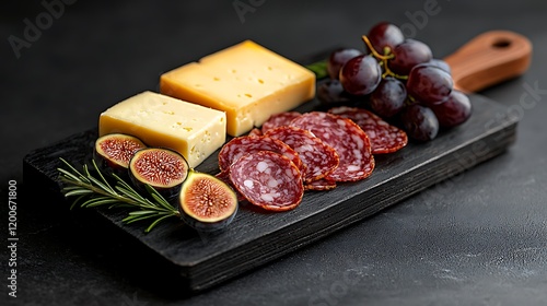 Elegant Charcuterie Board Featuring Cheese, Salami, and Grapes Set Against a Dark Background. photo