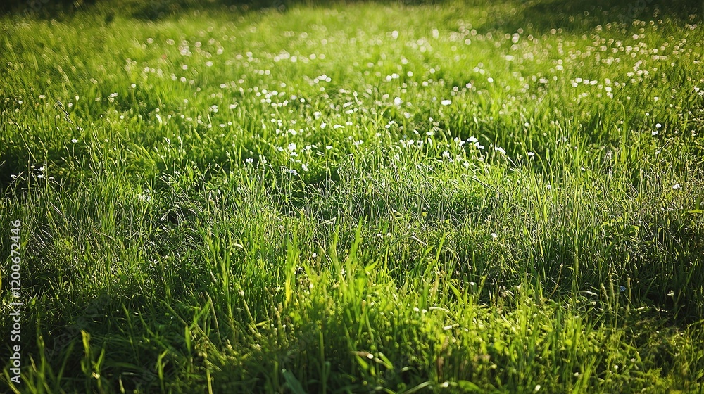 Obraz premium Lush Green Meadow Under Bright Sunny Sky in Springtime Setting