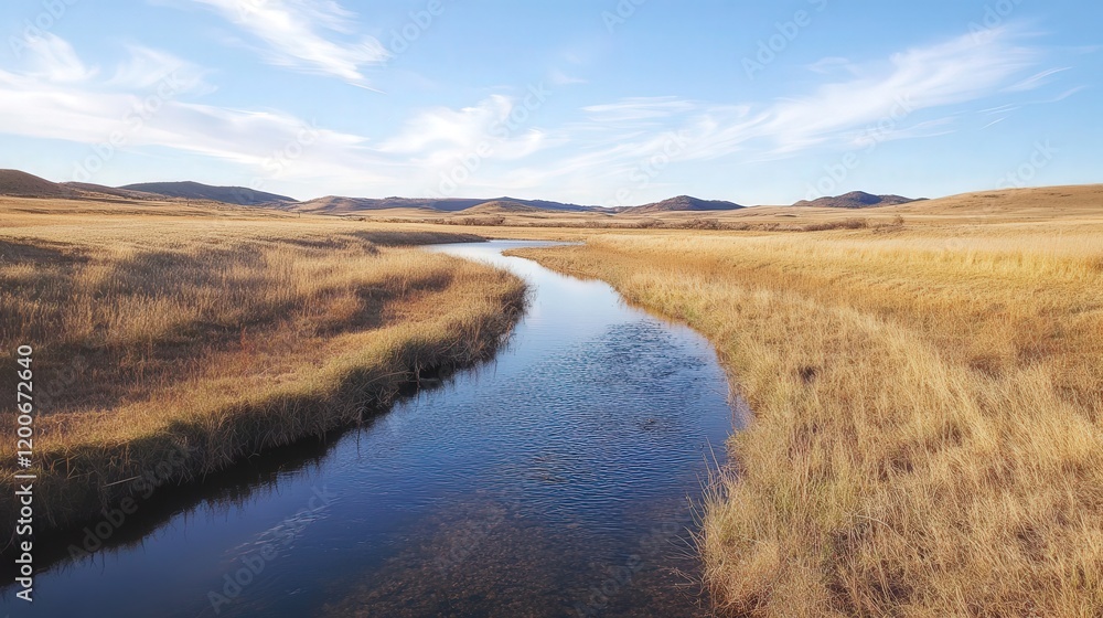 small creek running through the prairie, its crystal-clear waters winding through the grasses, providing a watering hole for wildlife and reflecting the blue sky above. small creek running through the prairie, its crystal-clear waters winding through the grasses, providing a watering hole for wildlife and reflecting the blue sky above.