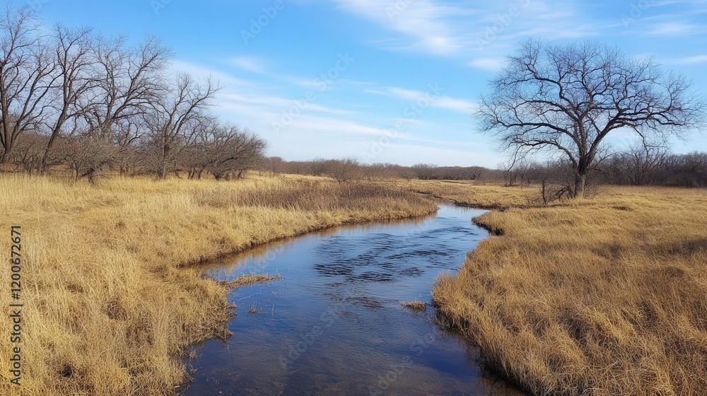 small creek running through the prairie, its crystal-clear waters winding through the grasses, providing a watering hole for wildlife and reflecting the blue sky above. small creek running through the prairie, its crystal-clear waters winding through the grasses, providing a watering hole for wildlife and reflecting the blue sky above.