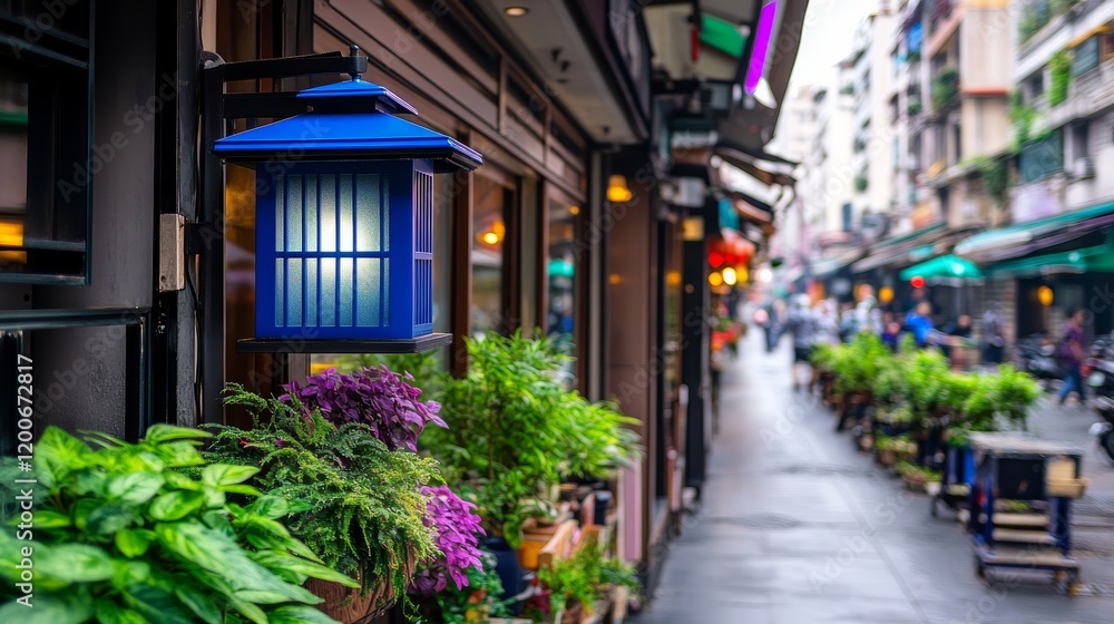 Asian City Street Scene with Blue Lantern and Plants Asian City Street Scene with Blue Lantern and Plants