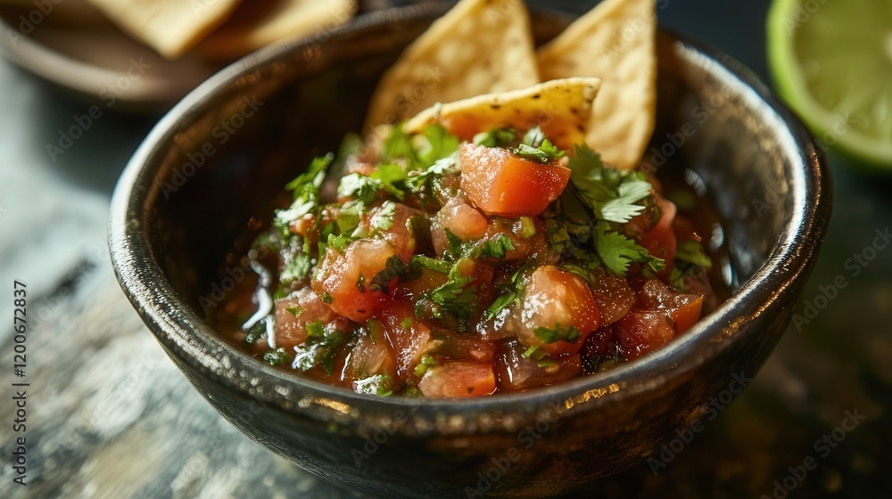 small dish of salsa with chunks of fresh tomatoes, cilantro, and lime, served with crunchy tortilla chips for dipping small dish of salsa with chunks of fresh tomatoes, cilantro, and lime, served with crunchy tortilla chips for dipping