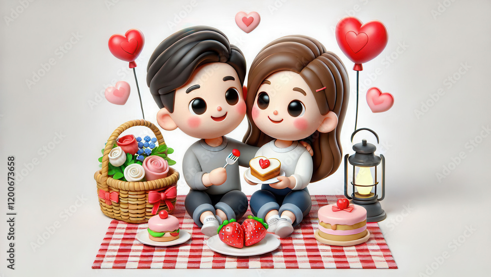 Obraz premium Romantic picnic celebration outdoor garden cute couple cartoon love theme heartfelt moment