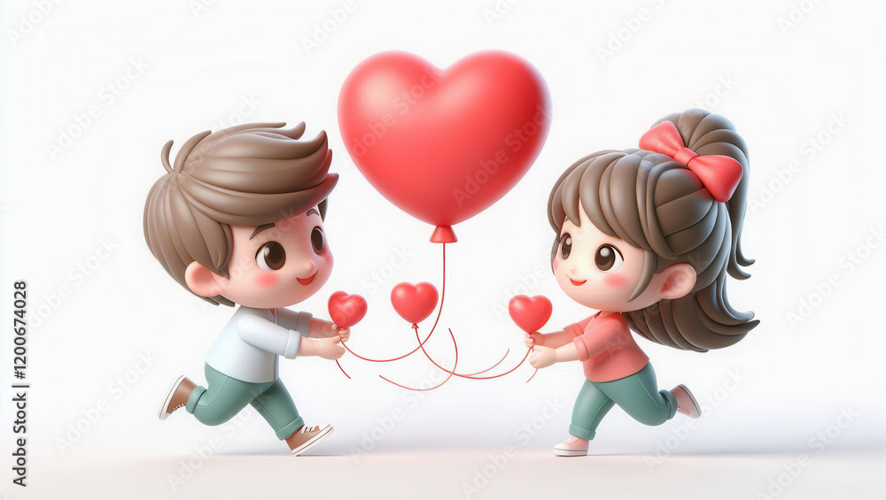 Children playing with heart balloons studio setting 3d animation joyful atmosphere front view Children playing with heart balloons studio setting 3d animation joyful atmosphere front view