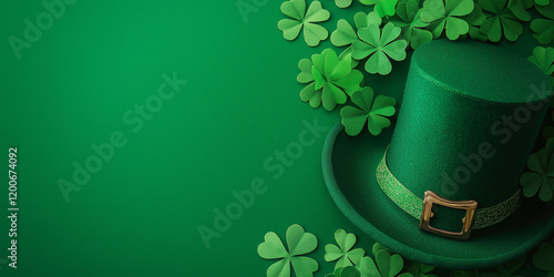 St. Patrick's Day Background with Green Hat and Shamrocks photo