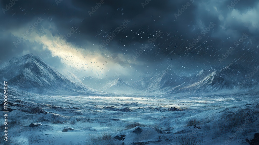 Fototapeta premium storm brewing over the Arctic tundra, with dark clouds rolling in and snowflakes swirling in the wind,