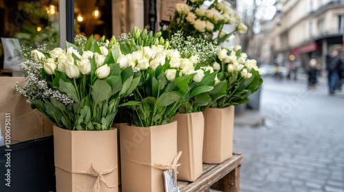 Wallpaper Mural Fresh white roses in paper wraps at Parisian flower vendor shop Torontodigital.ca