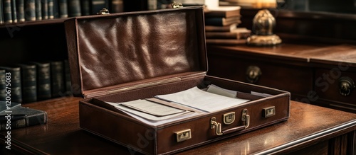 Vintage Leather Briefcase with Documents on Wooden Desk
