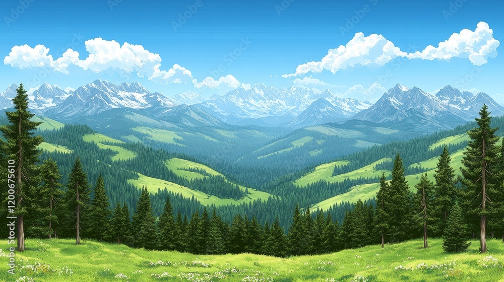Fototapeta premium Panoramic View of a Verdant Valley Nestled Amongst Majestic Snow-Capped Mountains