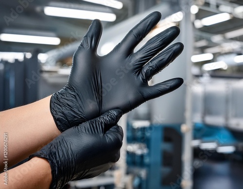 worker hands wearing black nitrile gloves in factory labor safety mechanic hand workplace protection. ai generative