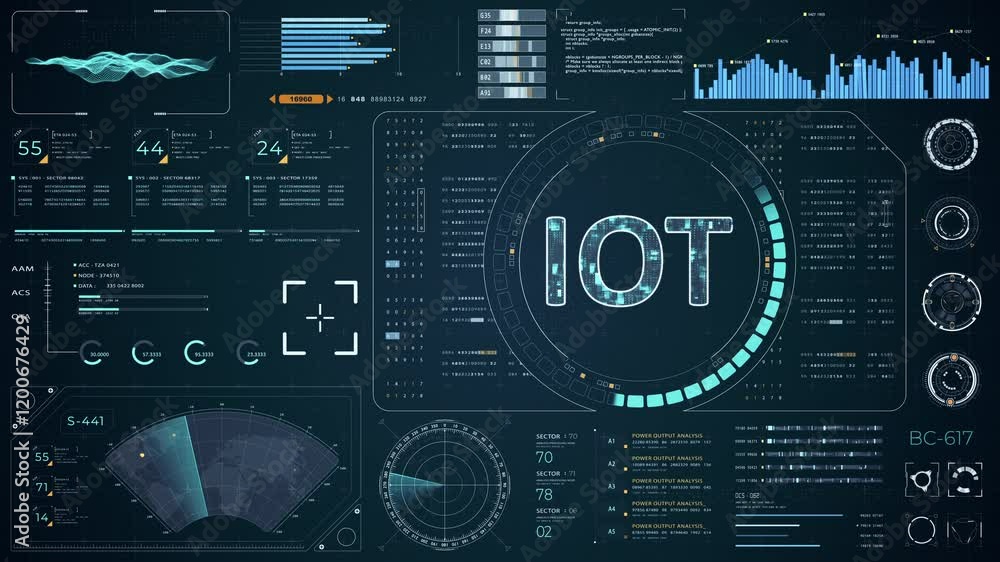 Motion graphic of Blue digital IOT letter logo with head up display (HUD UI) panel and futuristic technology abstract background internet of things video concepts