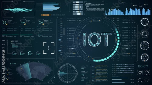 Motion graphic of Blue digital IOT letter logo with head up display (HUD UI) panel and futuristic technology abstract background internet of things video concepts