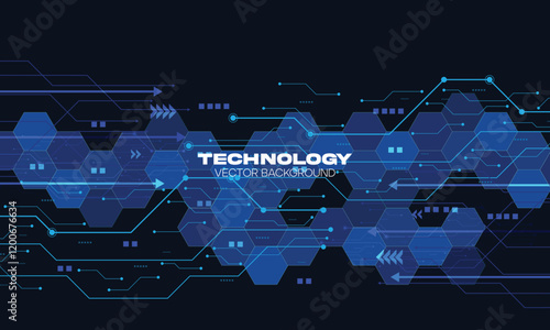 Abstract circuit board and hexagons on dark blue background. Hi-tech digital technology concept.