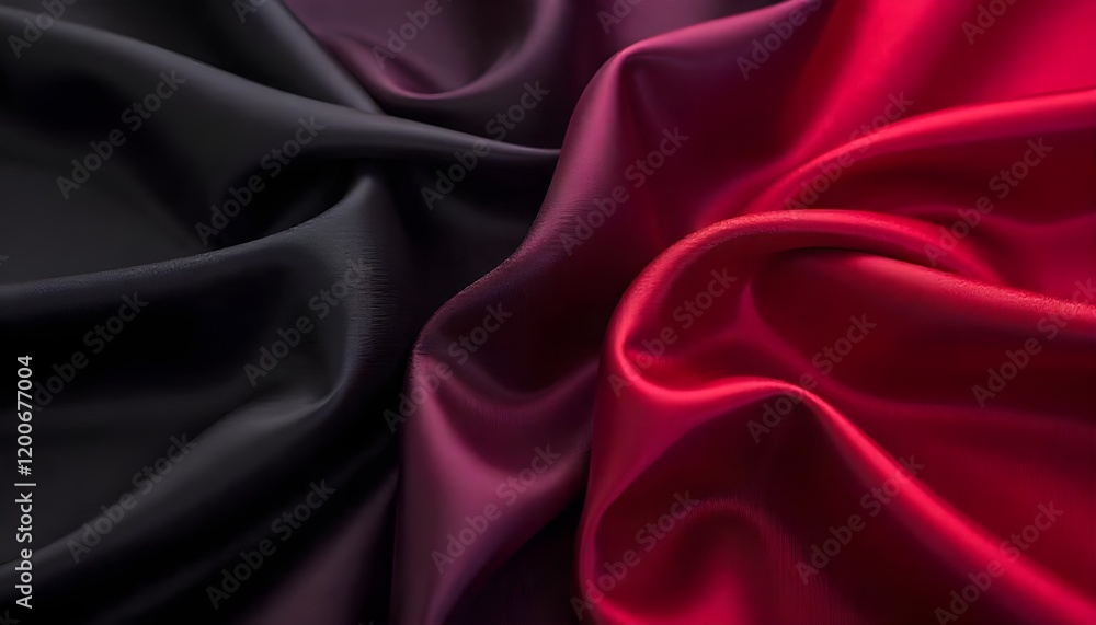 Obraz premium A background of deep black, dark gray, purple, burgundy, and red tones, featuring luxurious silk satin fabric. Exuding elegance and premium beauty, the shiny, shimmering surface highlights silky textu