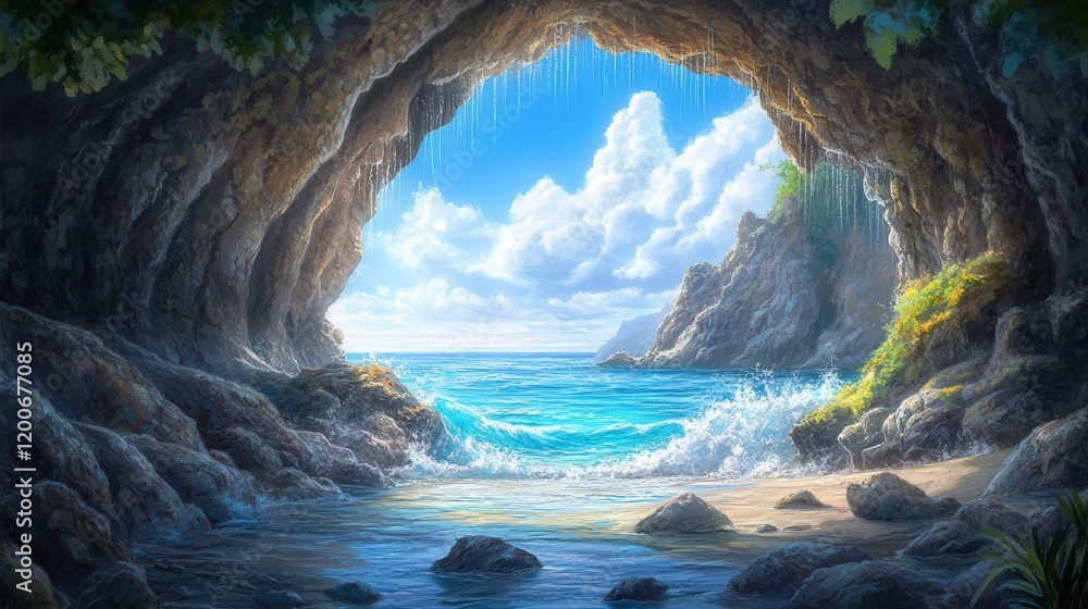 Fototapeta premium where the sound of crashing waves outside is faintly audible, as saltwater drips from the ceiling and collects in small pools on the cave floor.