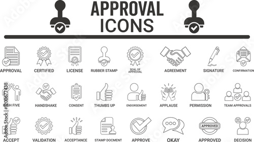 Approval icon set. Line art icons set, Containing accept, certified, thumps up, agreement, approve, validation, seal approved, confirmation, and decision icons. Solid icon set. Vector illustration.