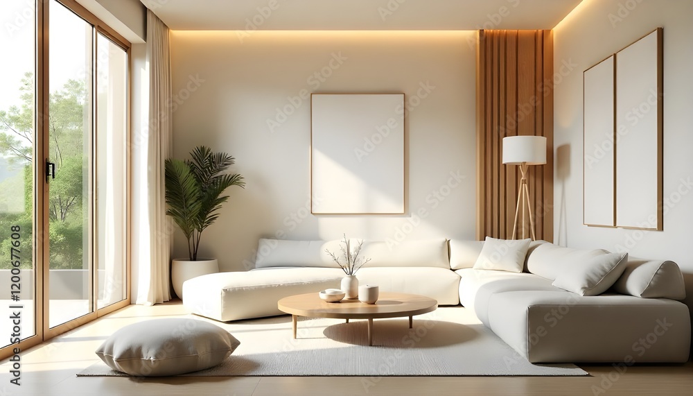 A modern Japandi-style living room interior, blending minimalist Japanese and Scandinavian design elements