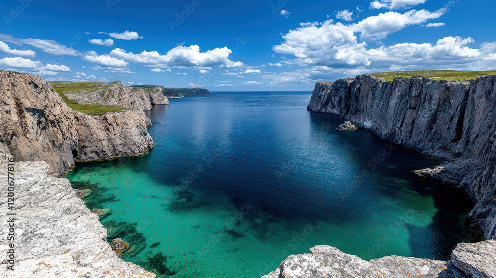 Obraz premium scenic view of cliffs and calm sea under bright blue sky