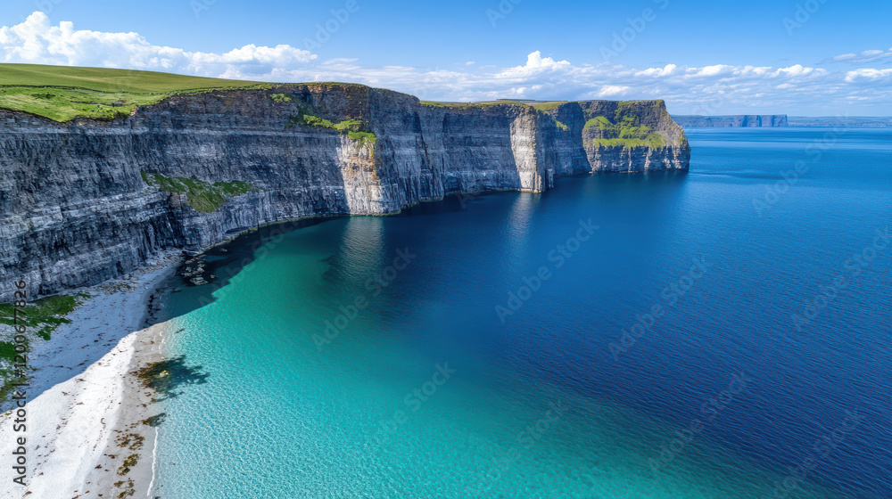 scenic view of cliffs, sea, and sandy beach under clear sky scenic view of cliffs, sea, and sandy beach under clear sky