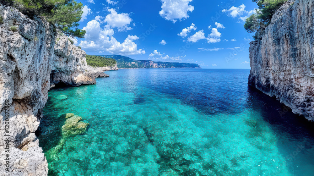 Fototapeta premium scenic view of cliffs, turquoise sea, and clear sky creates tranquil atmosphere