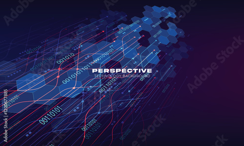 Abstract technology circuit board and hexagon overlay pattern perspective background