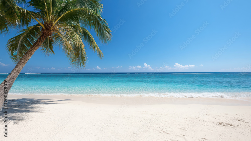 Fototapeta premium serene beach scene with palm trees and clear blue water