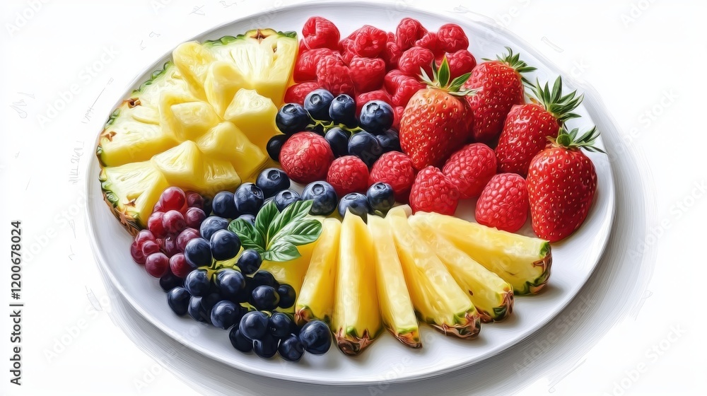 top view plate of fresh watermelon, pineapple, strawberries, blueberries, and grapes on white background top view plate of fresh watermelon, pineapple, strawberries, blueberries, and grapes on white background
