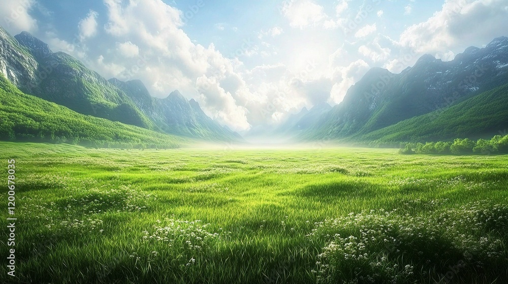 Obraz premium Serene Mountain Valley: A breathtaking panoramic view of a lush green valley nestled between majestic mountains, bathed in the golden light of the sun, creating a sense of peace and tranquility. 