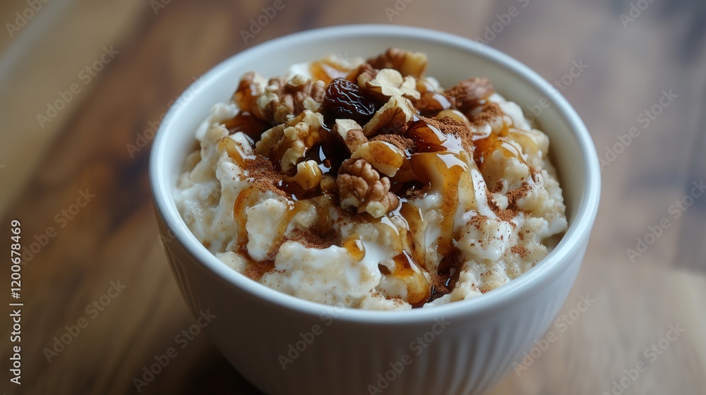vegan apple cinnamon oatmeal with almond milk, raisins, and walnuts, topped with a drizzle of maple syrup vegan apple cinnamon oatmeal with almond milk, raisins, and walnuts, topped with a drizzle of maple syrup