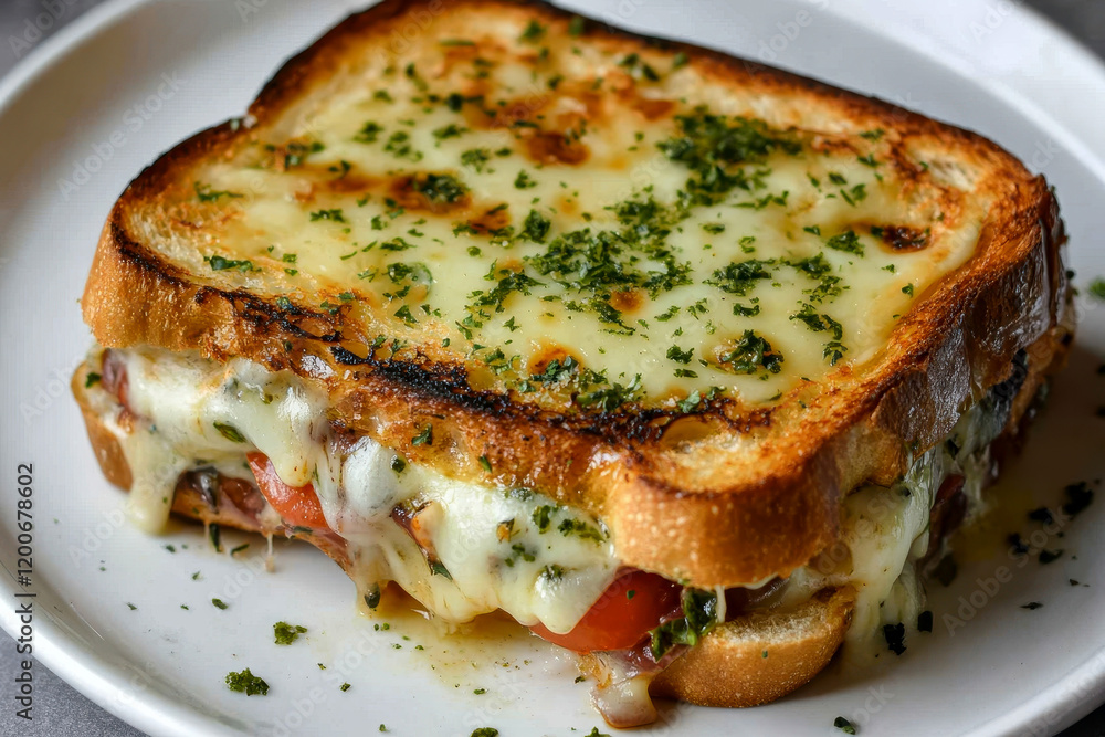 A gourmet grilled cheese sandwich oozing with melted cheddar and gooey mozzarella. A gourmet grilled cheese sandwich oozing with melted cheddar and gooey mozzarella.