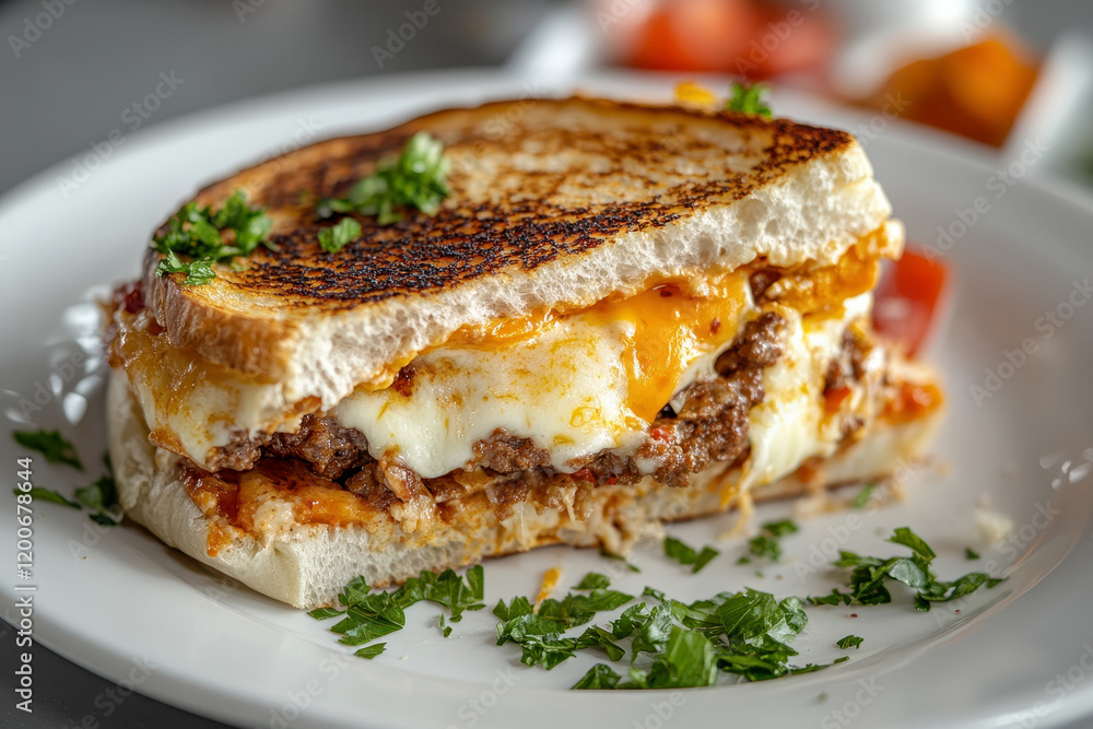 A gourmet grilled cheese sandwich oozing with melted cheddar and gooey mozzarella. A gourmet grilled cheese sandwich oozing with melted cheddar and gooey mozzarella.