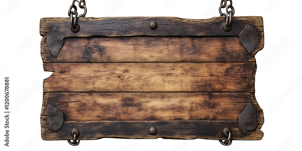 Fototapeta premium Aged wooden signboard with chains.
