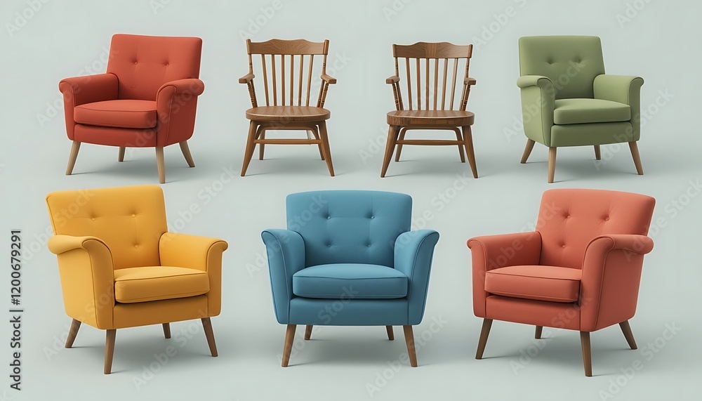 Fototapeta premium Collection of Colorful Armchairs and Wooden Chairs Arranged in a Studio Setting for Interior Design Inspiration