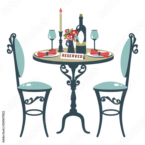 Dinner table setting. Classic Vintage table and chairs. Antique old furniture with restaurant food. Romantic  dinner. Reserved table for two. Valentine date.  Vector illustration
