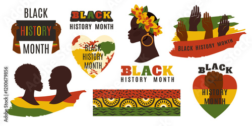 Black history month. Set of African American icons. Independence and unity concept. Equality elements. Beautiful black woman. African American History. Vector Illustration for poster, banner, flyer