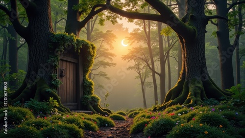 An enchanting scene where a weathered brown wooden door nestles by a towering tree, encircled by robust trunks and sprawling roots. Lush green moss adorns the tree's flank, creating a mystical woodlan photo