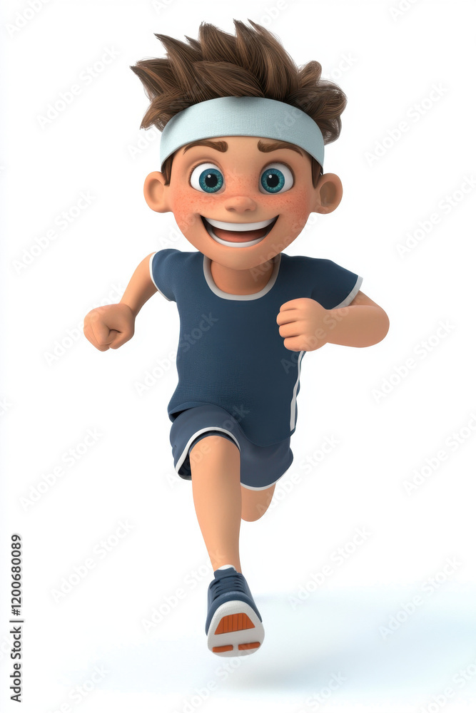 Animated boy with brown hair and a headband running energetically with a joyful expression, wearing a blue athletic outfit. Animated boy with brown hair and a headband running energetically with a joyful expression, wearing a blue athletic outfit.