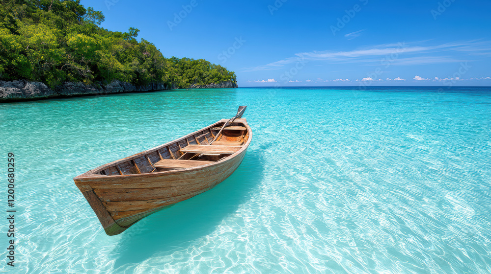 serene wooden boat floating in crystal clear turquoise waters serene wooden boat floating in crystal clear turquoise waters