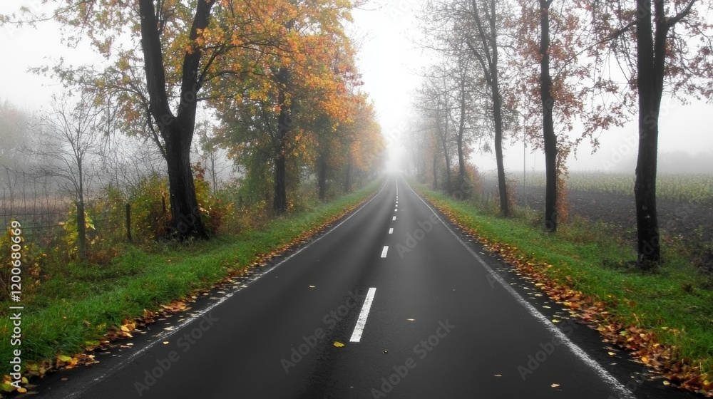 Autumnal Road Through Foggy Landscape With Trees Autumnal Road Through Foggy Landscape With Trees