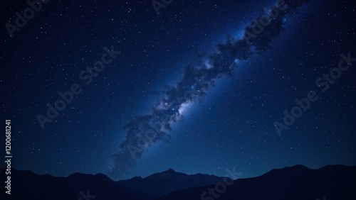 Glimpse an enchanting night sky where the Milky Way stretches majestically, set against a dark blue canvas dotted with twinkling stars. Captured at eye level, it invites you to explore its cosmic beau photo